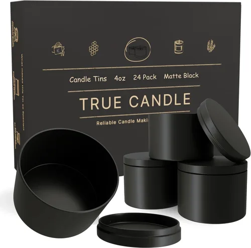 True Candle Latas para hacer velas – Paquete de 24 recipientes de vela negros de 4 onzas a granel de 4 onzas – Latas vacías con tapas para velas –