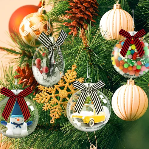 Miniatura 6 de Yookeer 64 discos de plástico para adornos navideños, bolas de plástico iridiscentes transparentes rellenables con tapa plateada y lazos a cuadros