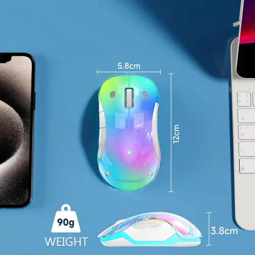 Miniatura 8 de memzuoix Mouse inalámbrico de 2.4G con cubierta personalizable y LED de 9 colores, ergonómico recargable, 1400 DPI, 5 botones, receptor USB para Azul
