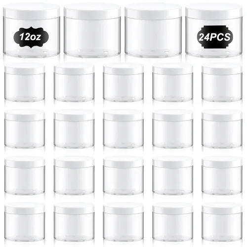 Miniatura 18 de Dandat 24 piezas 8 oz tarro de plástico con tapa y etiqueta recargable, contenedor redondo transparente vacío con muestras cosméticas PET blancas