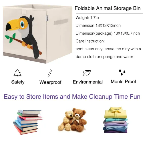 Miniatura 3 de Contenedores cúbicos plegables de tela para guardar juguetes de animales/Caja/Organizador para niños, 13 pulgadas (Tucán)