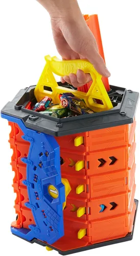 Miniatura 3 de Hot Wheels Track Builder Action, Pista de Carreras Desplegable, Juego de Pista con Pista de Carreras de 5 Carriles y Cubo de Almacenamiento