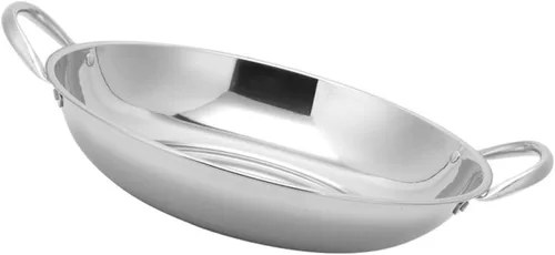 Miniatura 9 de Kichvoe Sartén de acero inoxidable Wok de fondo plano para freír hogar con asas antiadherente para servir alimentos de mariscos 7.9 in olla