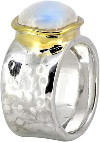 Miniatura 4 de YoTreasure Anillo de banda ancha de plata de ley 925 maciza martillada con piedra lunar de latón