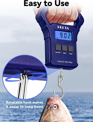 Miniatura 6 de HEETA Báscula de pescado, báscula digital portátil de pesca colgante de 110 libras / 110.2 lbs con pantalla LCD retroiluminada, báscula de equipaje