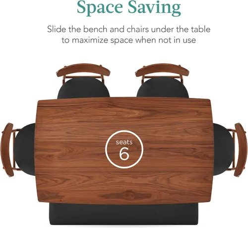 Miniatura 3 de Best Choice Products Juego de comedor de madera de 6 piezas, mesa moderna de mediados de siglo y sillas tapizadas con asiento de banco, patas