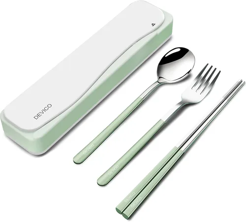 Miniatura 14 de DEVICO Utensilios de viaje, juego de cubiertos de acero inoxidable 18/8, 4 piezas, juego portátil y reutilizable para camping, incluye tenedor, Rojo