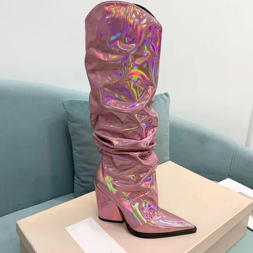 Miniatura 7 de Vertundy Botas altas hasta la rodilla metálicas con punta puntiaguda para mujer, botas altas de tacón alto de charol plisadas, botas largas plisadas