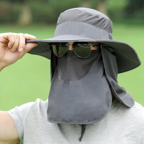 Miniatura 7 de Sombrero de pesca para hombres y mujeres, sombrero de ala ancha con solapa desmontable para el cuello y cubierta facial