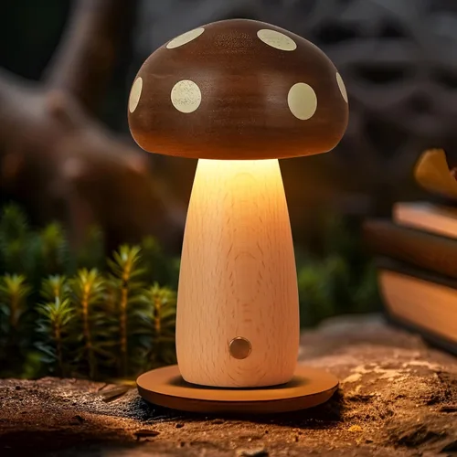 Miniatura 9 de LONRISWAY Paquete de 2 lámparas de mesa LED de madera con forma de hongo, lámparas pequeñas recargables inalámbricas táctiles, luz nocturna
