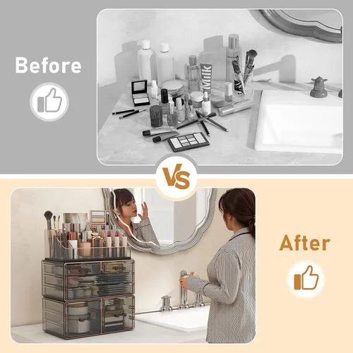 Miniatura 4 de Delamu Organizador de maquillaje de 3 niveles y 6 cajones para encimera, organizador de cosméticos para tocador y tocador, organizador de baño, Negro
