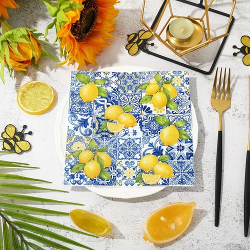 Miniatura 4 de JarThenaAMCS 80 servilletas de papel con azulejos y limones, servilletas desechables azules y amarillas, servilletas decorativas de cítricos