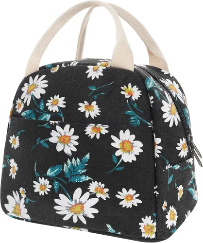 Miniatura 10 de EurCross Bolsa de almuerzo negra compacta mejorada para niñas y mujeres, de lona, reutilizable, aislada, con lunares, bolsa de almuerzo