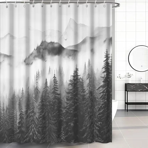 Miniatura 10 de Cortina de ducha pequeña en blanco y negro, juego de cortina de ducha de bosque brumoso para baño, impermeable, decoración de baño de montaña