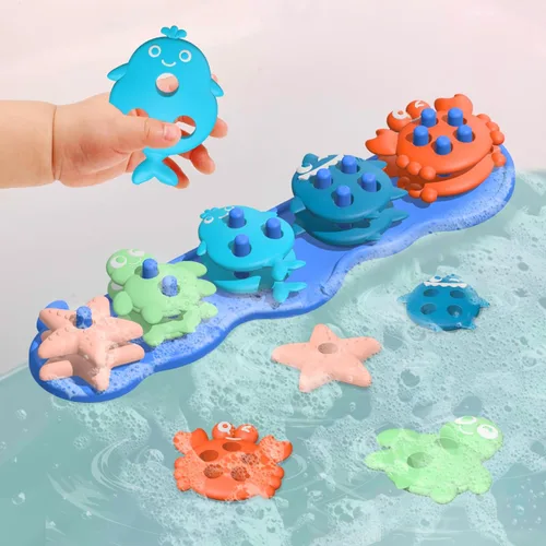 Juguetes de baño para bebés, silicona de alta calidad, sin moho, para clasificar y apilar formas de animales del océano, juguetes de baño para niños