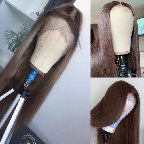 Miniatura 6 de Missyvan Pelucas de encaje frontal de cabello largo y lacio, color marrón natural, sin pegamento, castaño y rubio, pelucas sintéticas con encaje