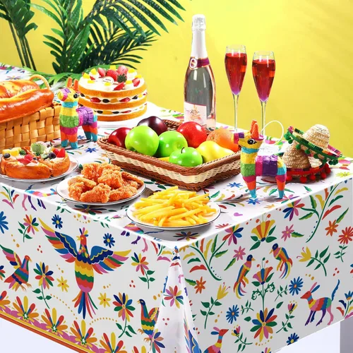 Miniatura 5 de Frienda 3 manteles de plástico para decoración de fiesta mexicana de 54 x 108 pulgadas, manteles desechables florales mexicanos para suministros