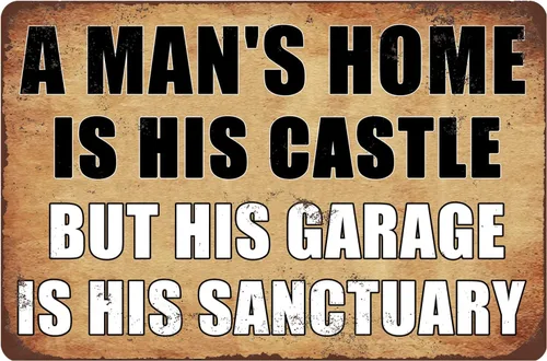 CAHUNXIE Divertido letrero de metal vintage para garaje con texto en inglés «Man Cave » Decoración de pared «A Man's Home is His Castle But His