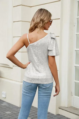 Miniatura 5 de JASAMBAC Blusas de lentejuelas brillantes para mujer, un hombro, adelgazantes, sexy, asimétricas, con purpurina, camisas de fiesta brillantes