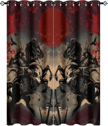 Miniatura 13 de Cortinas opacas abstractas japonesas samuráis para dormitorio, caballo samurái rústico, rojo, ojal, aislamiento térmico, cortinas de oscurecimiento