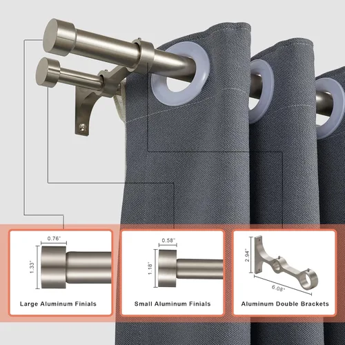 Miniatura 2 de Barras de cortina dobles con tapa de aluminio y soportes completos, barra de cortina doble ajustable de 1 pulgada en el frente y 5/8 pulgadas