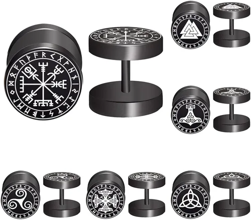 FYLUN - Aretes vikingos para hombres, medidores falsos, aretes para hombre, aretes de runas vikingas, significado felicidad, riqueza, amor, fuerza,
