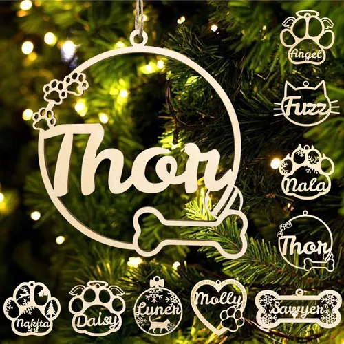 Miniatura 15 de Adorno personalizado de pata de perro y gato, adorno personalizado con nombre de mascota, adornos de madera personalizados para árbol de Navidad
