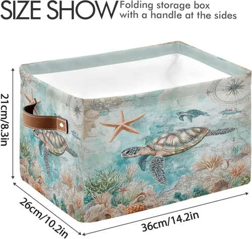 Miniatura 3 de Cesta de almacenamiento temática náutica de tortuga marina, cesta de tela, contenedor de almacenamiento, organizador de cajas plegables de estrellas