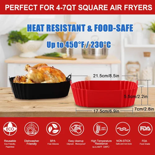 Miniatura 3 de Paquete de 2 forros cuadrados de silicona para freidora de aire, insertos reutilizables de 8 pulgadas para freidoras de aire de 4 a 7 cuartos