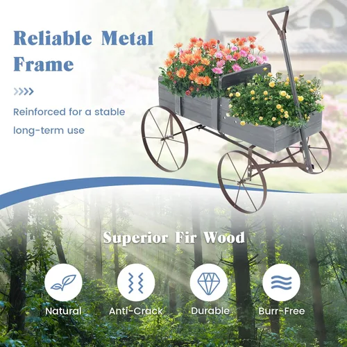 Miniatura 5 de Giantex Maceta decorativa para jardín, carrito pequeño con ruedas de metal, camas elevadas de madera, soporte para macetas para patio trasero, Gris