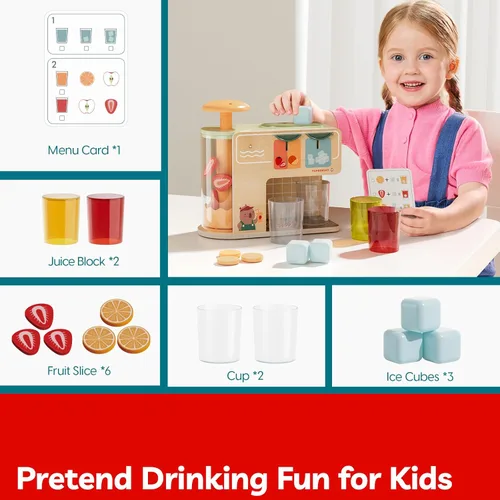 Miniatura 5 de TOP BRIGHT Dispensador de Bebidas de Madera para Juegos de Simulación, Juegos de Comida para Cocina Infantil con Tazas, Insertos de Jugo, Cubitos