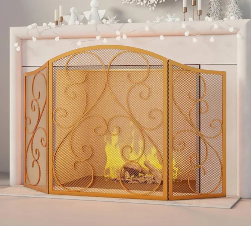 Fire Beauty Pantalla de Chimenea de 3 Paneles de Hierro Forjado Metálico 48"(L) x 30"(H) Protector contra Chispas (Acabado Dorado)