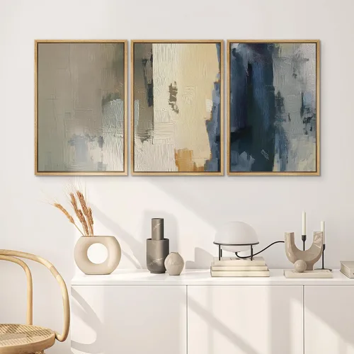 Miniatura 546 de SIGNWIN Lienzo enmarcado para pared, arte con pinceladas de flujo neutro en tonos beige abstractos, ilustraciones, arte moderno, decorativo