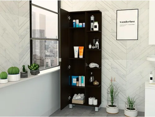 Miniatura 3 de Tuhome Muebles Urano Armario de lino de 62" con almacenamiento abierto y espejo en negro