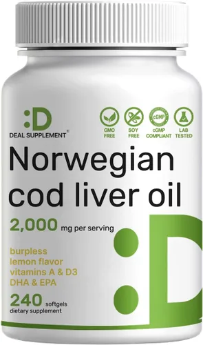 Aceite de hígado de bacalao salvaje capturado 2,000mg por porción, 240 cápsulas blandas – EPA DHA Omega 3 de fuerza extra con vitamina D y A – sin