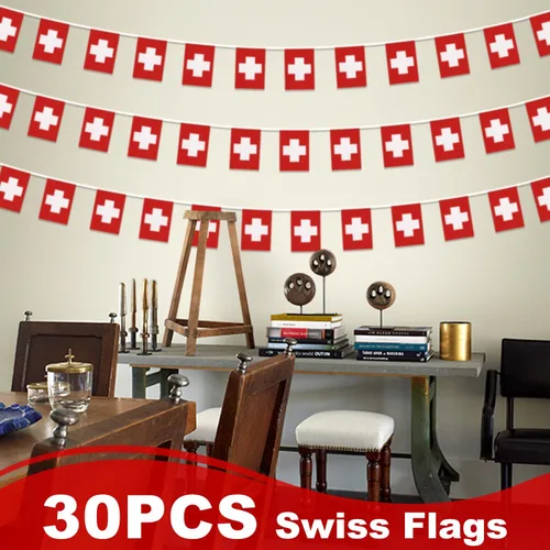 Miniatura 6 de Banderín de Bandera de Cuerda de Suiza, Pequeñas Mini Banderas Suizas Banderín Guirnalda, Decoración Nacional del País para Escuela, Fiesta, Eventos