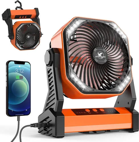 Miniatura 8 de KITWLEMEN - Ventilador de campamento alimentado por batería de 20 000 mAh, refrigeración máxima de 58 horas, 4 velocidades, luz brillante y gancho