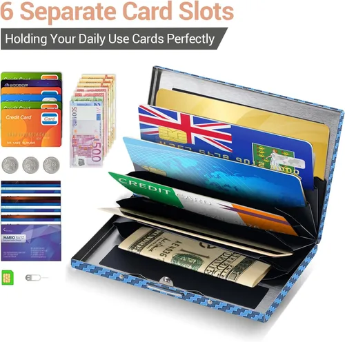 Miniatura 10 de BONSYL® Soporte para tarjetas de crédito, cartera delgada de metal con bloqueo RFID, con 6 ranuras para tarjetas, para mujeres y hombres.