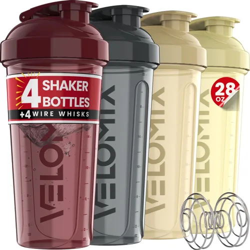 Miniatura 9 de VELOMIX -4 Pack- 28 oz Protein Shaker Bottles for Protein Mixes - 4x Wire Whisk Leak Proof Shaker Cups for Protein Shakes Stackable Protein