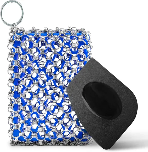 Limpiador de hierro fundido de acero inoxidable 316, esponja de malla de triple anillo, limpiador perfecto para sartenes, sartenes, ollas, woks Azul
