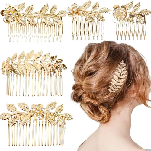 5 peines laterales de hojas con diamantes de imitación dorados con peines de dientes para boda, accesorios para el cabello para mujeres, niñas,