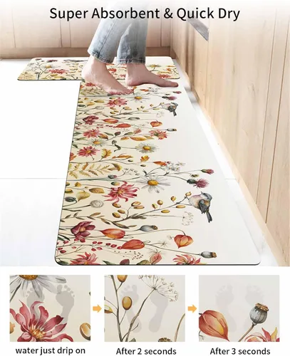 Miniatura 4 de Tapete de baño antideslizante para bañera, diseño de pájaros y flores, de secado rápido y absorbente, de tierra de diatomeas, tapete de cocina