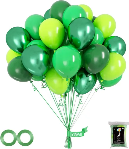 OWill 100 globos verdes de 12 pulgadas, diferentes tonos, verde oscuro, esmeralda, verde lima, cromado, verde metálico, globos de látex para safari