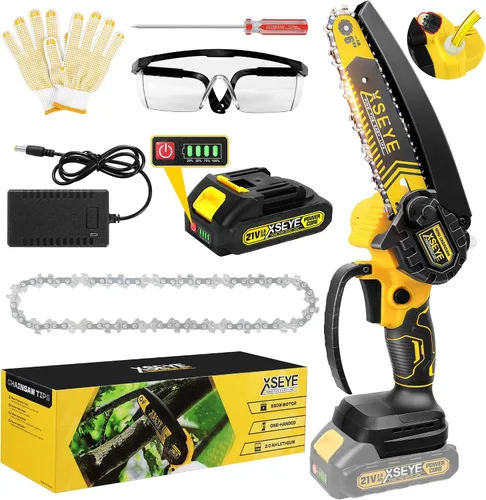 XSEYE Mini motosierra inalámbrica de 6 pulgadas, sierra de cadena de batería pequeña de mano con lubricación automática, sierras eléctricas para
