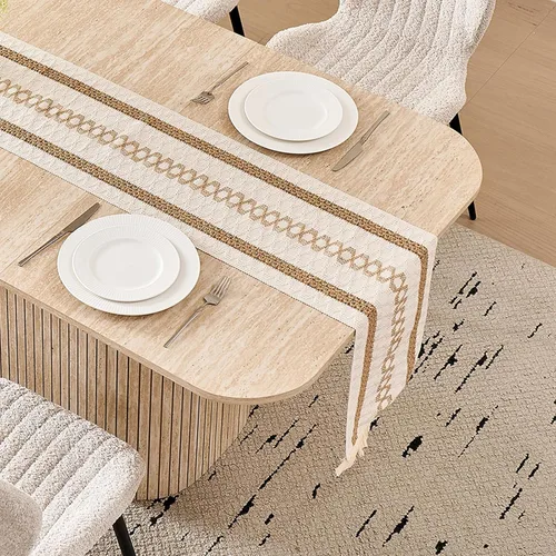 Miniatura 3 de Juego de 4 mesas de comedor grandes de 63 pulgadas para 4, esquinas redondeadas, mesa de cocina rectangular moderna de madera con sillas Boucle