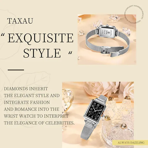 Miniatura 8 de Reloj cuadrado para mujer, pulsera de malla de acero inoxidable, rectangular, reloj de vestir para mujer, reloj de pulsera analógico de cuarzo