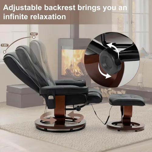 Miniatura 5 de AVAWING Silla reclinable con masaje por vibración, reclinable, de piel sintética, con otomana, giratoria, de madera, para sala de estar, color negro