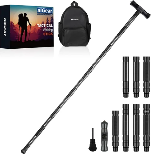 Miniatura 10 de aiGear G2 Tactical Hiking Stick, Heavy-Duty 6-8 Section Adjustable Walking Staff for Men Women, Aerospace Aluminum Trekking Poles with Multi-Tool