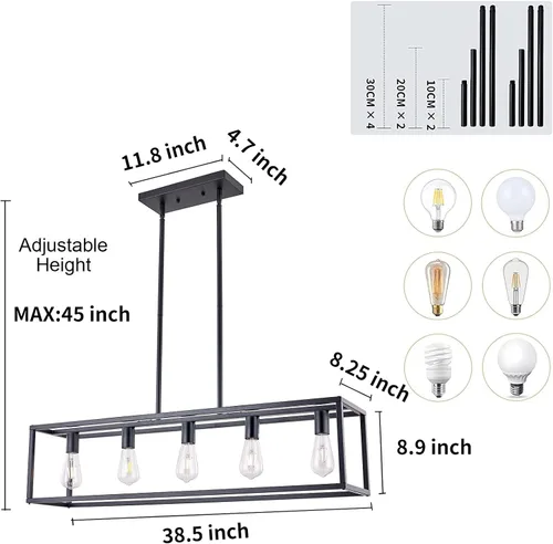 Miniatura 5 de Lámparas de Cocina para Comedor, Candelabros Rectangulares de Estilo Granja para Comedores, Lámpara Colgante Industrial de 5 Luces en Negro Mate