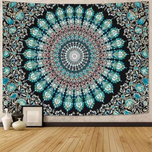 Miniatura 21 de Accnicc Tapiz bohemio con mandala floral para dormitorio, tapiz de pared con flores bohemias, pequeño, acuarela, azul, blanco, hippie, indio